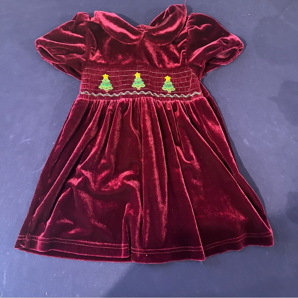 Marie Nicole Clothing Baby Girl Dress Christmas Xs Velour Maroon Smocking